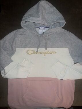 Champion Heather Gray Pullover Hoodie Pink & Beige Woman’s Small Sweatshirt